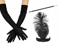 Zestaw Retro Charleston rękawiczki, opaska z piórkiem, cygaretka komplet