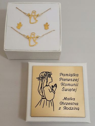 Złoty komplet ANIOŁEK ANIOŁ SREBRO KOMUNIA GRAWER na Arena.pl