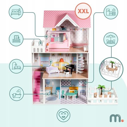 Duży Domek Dla Lalek XXL Drewniany Mebelki Do Zestawu Oświetlenie LED na Arena.pl