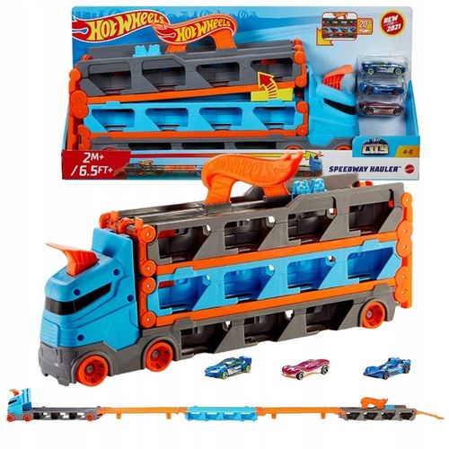 HOT WHEELS TRANSPORTER CIĘŻARÓWKA I TOR 2W1 + 3 AUTA PREZENT DLA DZIECKA na Arena.pl