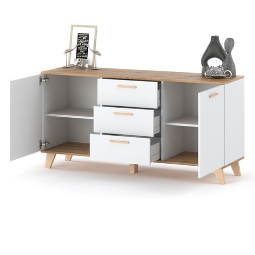 Komoda Biała Z Drewnem Olivier 150cm Pojemna Szafka Rtv Z 3 Szufladami na Arena.pl