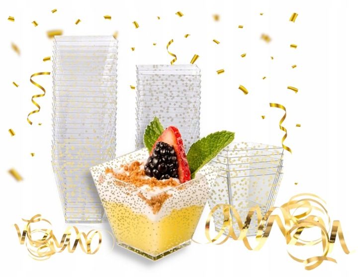 ORYGINALNE POJEMNIKI PUCHARKI KWADRATOWE DO DESERÓW 60ML ZŁOTY BROKAT 50szt zdjęcie 1