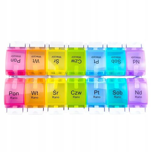 PUDEŁKO NA LEKI 14 POJEMNIKÓW KOLOROWE 7 DNI NAPISY PL na Arena.pl