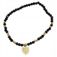 Bransoletka z czarnych koralików z zawieszką liść Monstery w kolorze złotym