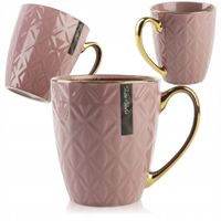 CERAMICZNY KUBEK NA KAWĘ HERBATĘ WRZOSOWY ZDOBIONY ZE ZŁOTYM UCHEM 360ML