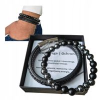 BRANSOLETKA MĘSKA OCHRONA RÓWNOWAGA HEMATYT AGAT + SKÓRA NATURALNA 8mm