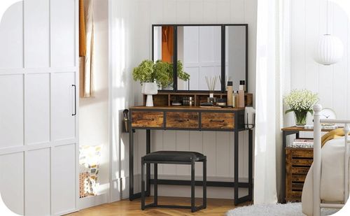 Toaletka z Lustrem Rustykalna Szuflady Taboret Zestaw Ciemny Brąz na Arena.pl