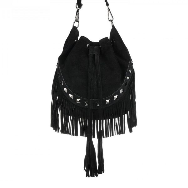 VERA PELLE torebka zamszowa listonoszka boho z ćwiekami V418 czarna zdjęcie 1