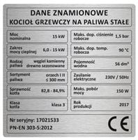 Tabliczka znamionowa na piec kocioł - 3 klasa