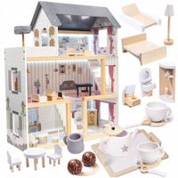 DOMEK DLA LALEK DREWNIANY WILLA XXXL ŚWIATŁO LED MEBELKI + SERWIS KAWOWY