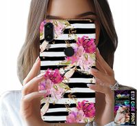 ETUI DO HUAWEI P SMART 2019 - KWIATKI W CZARNO - BIAŁE PASKI WZORY