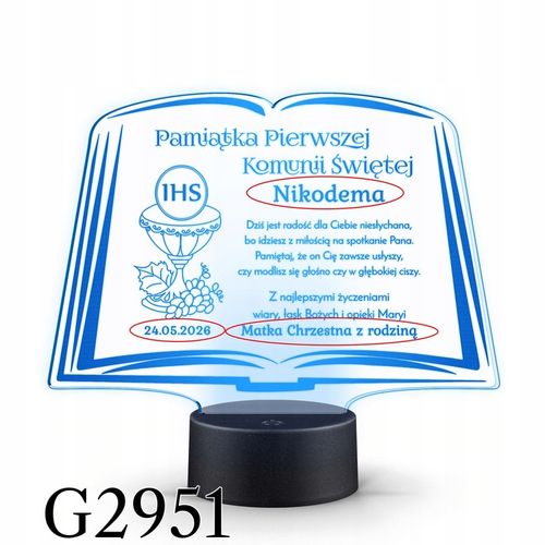 Pamiątka Pierwszej Komunii Świętej LAMPKA LED prezent na Komunię na Arena.pl