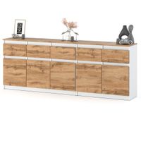 Komoda Do Salonu Sypialni Nowoczesna 200cm 5 Szuflad Biała Mat Dąb Wotan