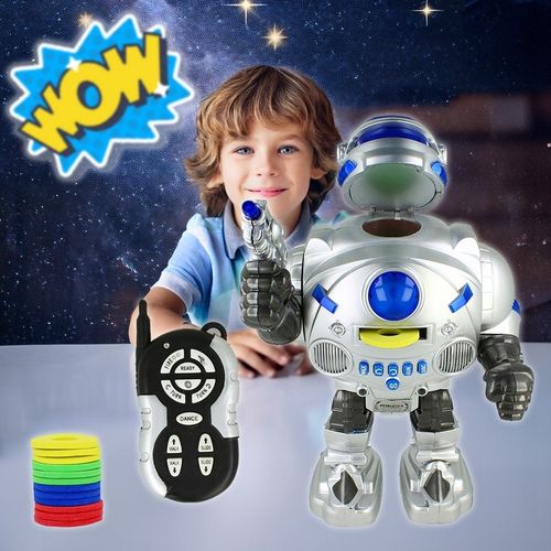 ZDALNIE STEROWANY ROBOT RC STRZELAJĄCY KRĄŻKAMI ZABAWKA INTERAKTYWNA DŹWIĘK na Arena.pl