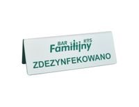 tabliczka informacyjna na stół ZDEZYNFEKOWANO + logo 15x5,5 cm grawer