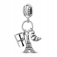 Zawieszka SREBRO 925 Charms Koralik Paryż Wieża Eiffla Kawa Croissant
