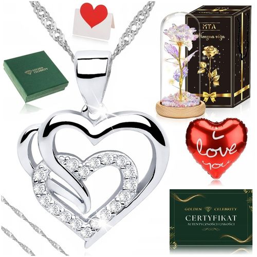SREBRNY ŁAŃCUSZKEK Z SERDUSZKIEM 925+RÓŻA WIECZNA PREZENT DLA KOBIETY, ŻONY na Arena.pl