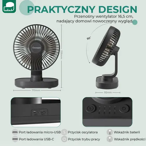 Wentylator stołowy Ocoopa D77 black akumulator USB oscylator na Arena.pl