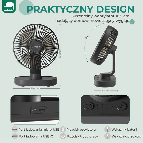 Wentylator stołowy Ocoopa D77 black akumulator USB oscylator zdjęcie 5