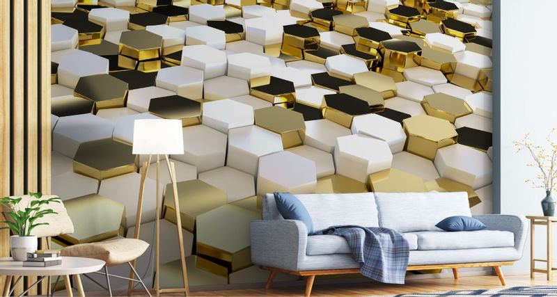 Fototapeta MOZAIKA Złote Heksagony Wzór 3D 368cm x 254cm zdjęcie 7