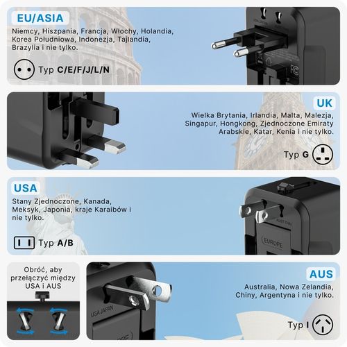 Przejsciowka adapter wtyczka angielska VOOMY, 1x USB-C & 1x USB-A, na Arena.pl