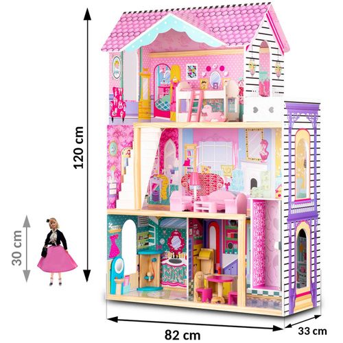 Drewniany domek dla lalek duży 3-piętrowy z windą i lampką LED na Arena.pl