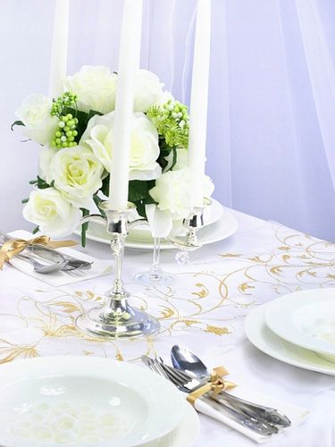 Organza Bieżnik Kremowa Złoty Wzór Dekoracja Stołu Komunia Chrzest Wesele na Arena.pl