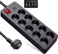 LISTWA ANTYPRZEPIĘCIOWA ZASILAJĄCA 14w1 4000 W ! OCHRONNA 10 GNIAZD + 4 USB