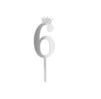 Topper na tort cyfra "6" z koroną srebrny lustrzany efekt 11cm