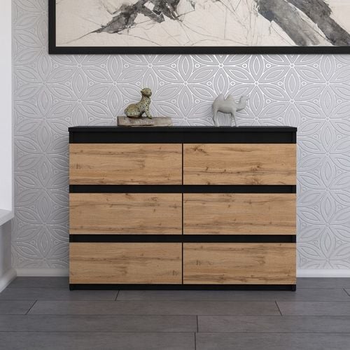 KOMODA Z 6 SZUFLADAMI 100 CM CZARNA DĄB WOTAN POJEMNA SZAFKA RTV LOFT na Arena.pl