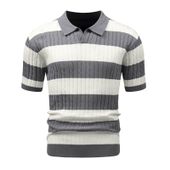 Koszulka polo męska dzianinowa w paski krótki rękaw szara vintage XL