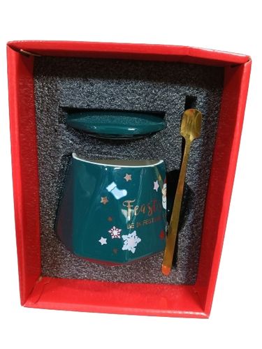 KUBEK ŚWIĄTECZNY - zestaw w pudełku z pokrywką i łyżeczką 225 ml, zielony na Arena.pl