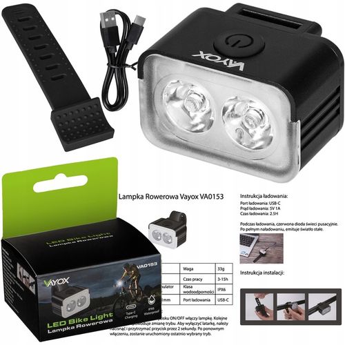 LAMPKA ROWEROWA PRZÓD NA KIEROWNICE ŚWIATŁO LED OŚWIETLENIE ROWER USB VAYOX na Arena.pl