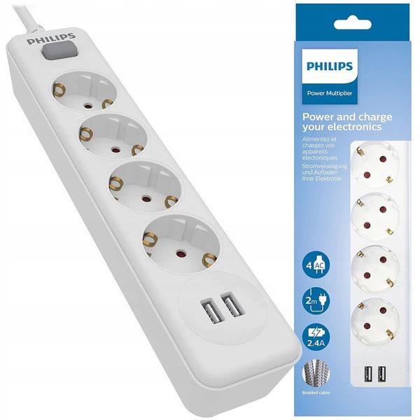 LISTWA ZASILAJĄCA PHILIPS ROZGAŁĘZIACZ 4 GNIAZDA 2x USB 2,4A PRZEWÓD 2m zdjęcie 1
