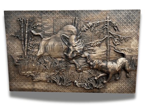 Prezent dla myśliwego płaskorzeźba drewniana polowanie na dzika dla leśnika na Arena.pl