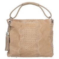 VERA PELLE torebka zamszowa worek kroko z frędzelkami V592 beżowa