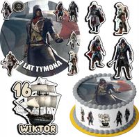 ZESTAW OPŁATEK NA TORT 20CM + 17 POSTACI - ASSASSIN + IMIĘ 15CM 18CM