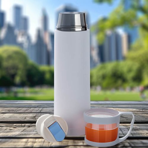 Biały metalowy termos z kubeczkiem w nakrętce 500 ml z Twoim nadrukiem na Arena.pl