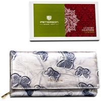 pojemny portfel damski ze skóry naturalnej w srebrnym kolorze zamykany