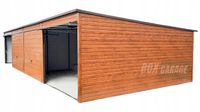 GARAŻ BLASZANY 12m x 6m poziom - spad tył - 4x Brama uchylna - jasny orzech drewnopodobny BOX53 12x6