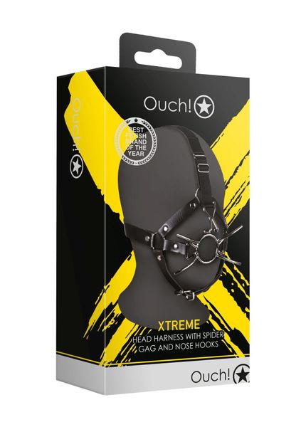 Head Harness With Spider Gag And Nose Hooks - Black zdjęcie 2