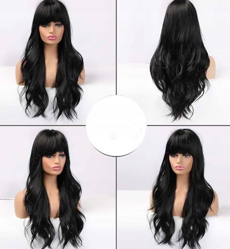 PERUKA DAMSKA WŁOSY DŁUGIE CZARNE FALE SZTUCZNE SYNTETYCZNE 65 CM Z GRZYWKĄ na Arena.pl