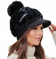 Czapka Damska Zimowa z Daszkiem Futrzana Czarna z Pomponem Na Zimę