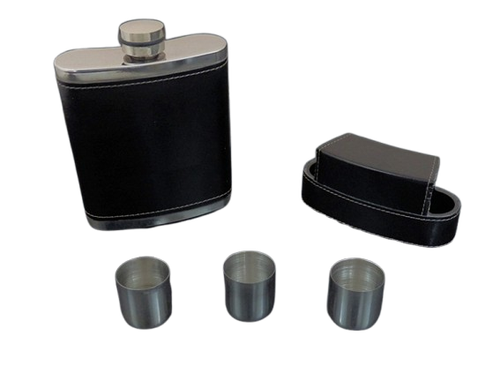 Elegancka Piersiówka 10  OZ ok. 300 ml Obszyta Skórą z Kieliszkami w Etui na Arena.pl