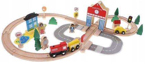 DREWNIANA KOLEJKA TOR WAGONY POCIĄG Budynki Ciuchcia Lokomotywa Zestaw na Arena.pl