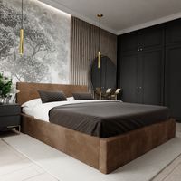 ŁÓŻKO TAPICEROWANE DO SYPIALNI 160x200 ŁÓŻKO PODWÓJNE Z POJEMNIKIEM BRĄZOWE