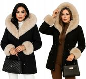 KURTKA ZIMOWA PŁASZCZYK PARKA Z FUTERKIEM DAMSKA CZARNA OCIEPLANA