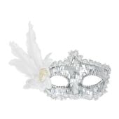 Maska karnawałowa z piórami srebrna, 18x22 cm