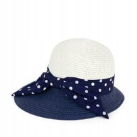 Kapelusz Damski ze Ściętym Rondem Granatowy Szarfa w Groszki Letni