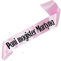 Pani Magister + imię - jasnoróżowa szarfa z czarnym nadrukiem